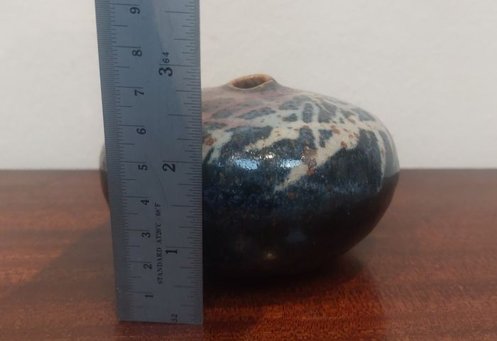 Fabulous Vintage Small Hand-Thrown Art Pottery Pebble Shaped Vase with Lovely Abstract Glaze Pattern in Blacks, Whites, Pinky-Red with Gold Flakes, Hand Made, But Unknown Maker, Circa 1975