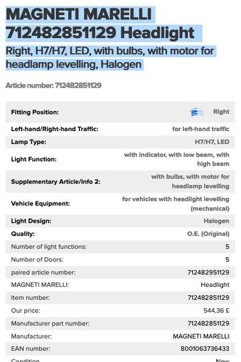 Right Headlight Citroen C4/DS4 Magneti Marelli Headlamp