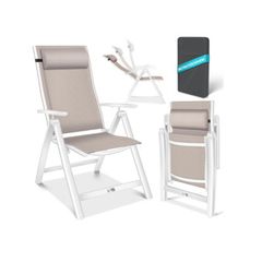 KESSER 2pce Garden Chair High-Backed Chair with Armrests Aluminium Folding Chair with Pillow & Cover Camping Chair 7-Way Adjustable Backrest Breathable & Weatherproof Foldable & Non-Slip Taupe