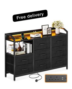 Black Chest of Drawers Bedroom, with LED Light trip with 10 Adjustable Colors