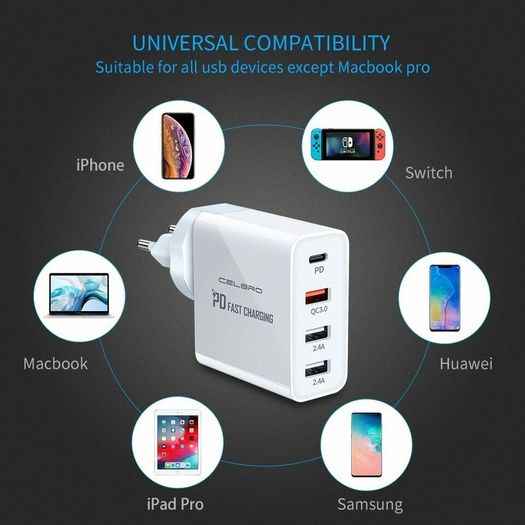 CELBRO QC 3.0 & PD/QC4.0 USB 4 Ports Wall Fast Charger 48W [3 Power Plugs (US/EU/UK)] (Brand New/Warranty)