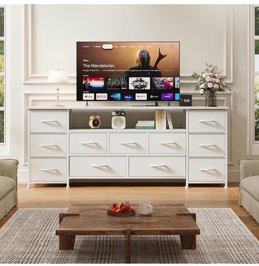 Tv Cabinet, Dresser for Bedroom with 11 Fabric Drawers, TV Stand with Power Socket for TVs up to 70 inch TV Units for Living Room, Bedroom, White