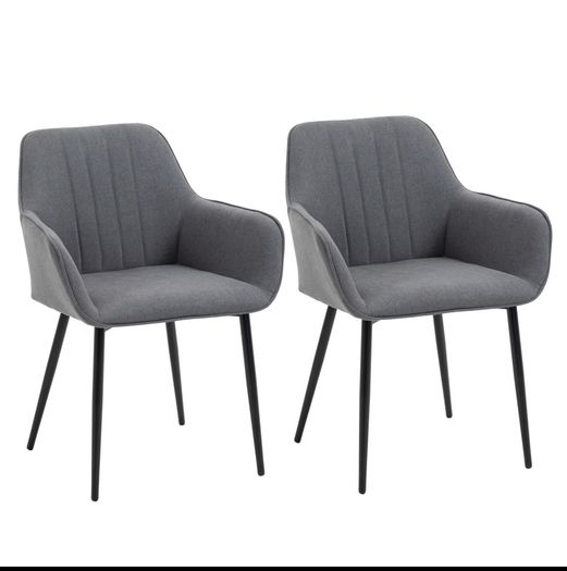 Mid-Century Dining Chairs Upholstered Linen Fabric Accent Chairs with Metal Legs, Set of 2, Dark Grey