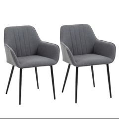 Mid-Century Dining Chairs Upholstered Linen Fabric Accent Chairs with Metal Legs, Set of 2, Dark Grey