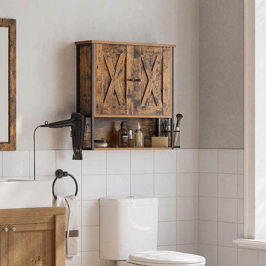 _Bathroom Cabinet, Bathroom Cabinet, Wall Cabinet, Storage Cabinet, with 2 Doors, Adjustable Shelves, with Hair Dryer Holder, Industrial Design, Vintage Brown/Black
