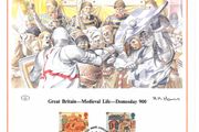 1986 Great Britain Limited Edition Lithographed Print measuring 333mm X 257mm showing Medieval Life 900th Anniversary of Domesday Book Commemorative stamps with First Day of Issue Cancel