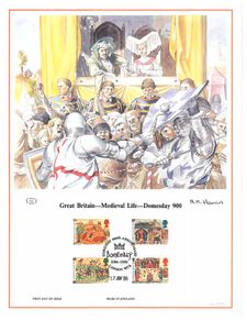 1986 Great Britain Limited Edition Lithographed Print measuring 333mm X 257mm showing Medieval Life 900th Anniversary of Domesday Book Commemorative stamps with First Day of Issue Cancel