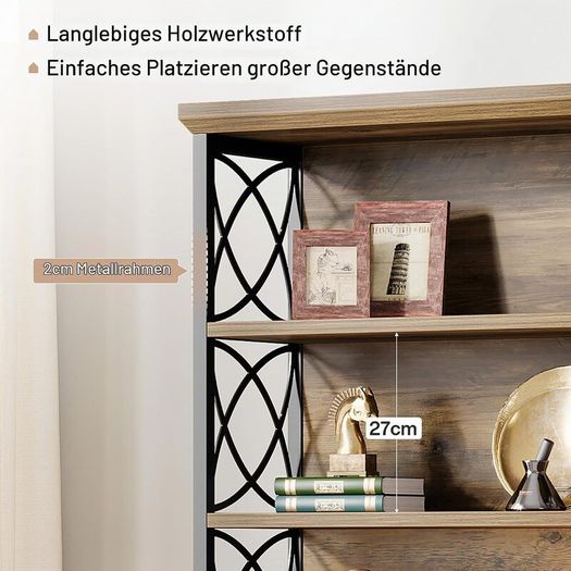 6 Tier Vintage Industrial Bookcase 185 cm High Standing Shelf Wood, Open Display Shelf with Metal Frame