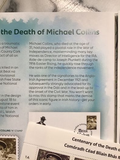Michael Collins 2022 Centenary Stamp, Strip of 4 with sheet header and An Post Collector Booklet 2022