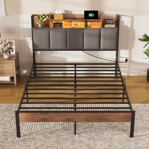 LED Double Bed Frame with Charging Station with Storage Upholstered Headboard 135x190cm