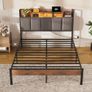 LED Double Bed Frame with Charging Station with Storage Upholstered Headboard 135x190cm Image 7