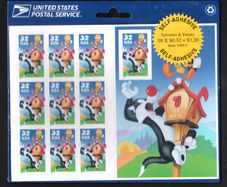 1998 USA 32c Sylvester & Tweety pane of 10 with Self-Adhesive Commemorative Stamps Sheet Mint Never Hinged (MNH) in original packaging.