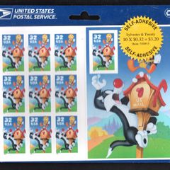 1998 USA 32c Sylvester & Tweety pane of 10 with Self-Adhesive Commemorative Stamps Sheet Mint Never Hinged (MNH) in original packaging.