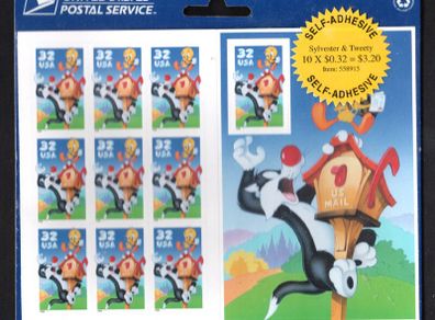 1998 USA 32c Sylvester & Tweety pane of 10 with Self-Adhesive Commemorative Stamps Sheet Mint Never Hinged (MNH) in original packaging.