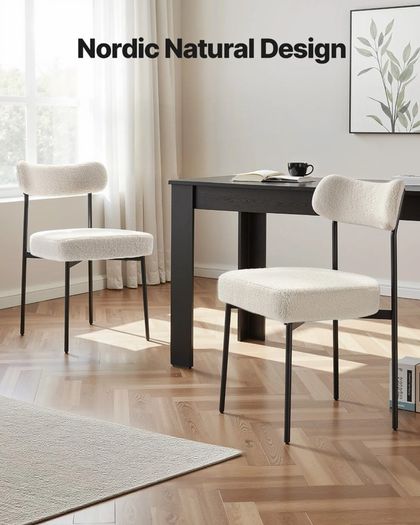 Set of 6 White Boucle Dining Chairs Mid Century Modern Sherpa Accent Chairs, Upholstered Side Chair for Dining Table, Space-Saving White Kitchen Table Chair with Curved Backrest and Black Metal Legs