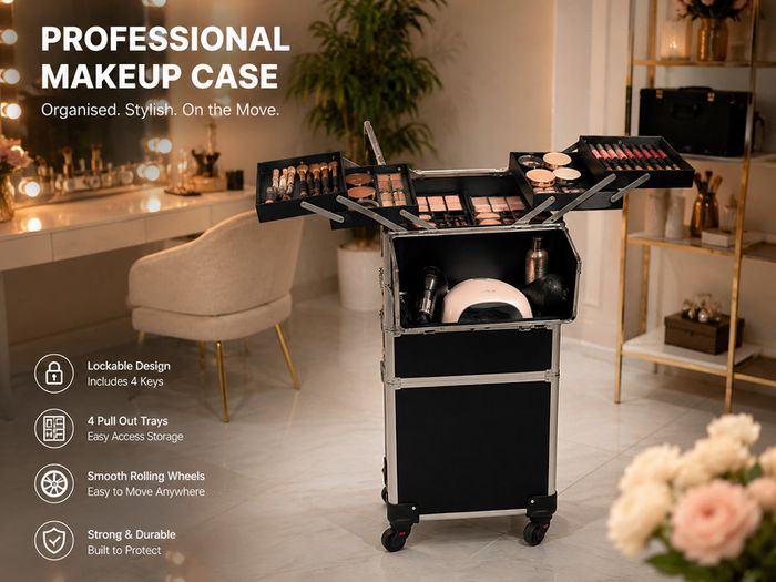 Rolling Makeup Case with Wheels Lockable Beauty Trolley Cosmetic Storage Case Black