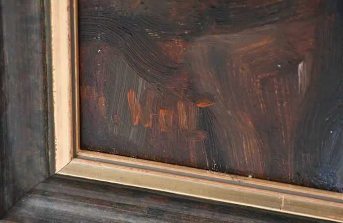 Antique oil painting of a man with pipe