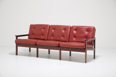 Vintage Danish Rosewood & Leather Three Seat Sofa Capella by Illum Wikkelso for N. Eilersen, 1960s.