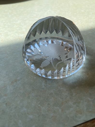 Vintage Stuart Crystal Dime Paperweight & Cavan Crystal Fan shaped clock