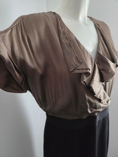 Like new. Size 14 Coast dress with black pencil skirt and olive-green silk frilled top.