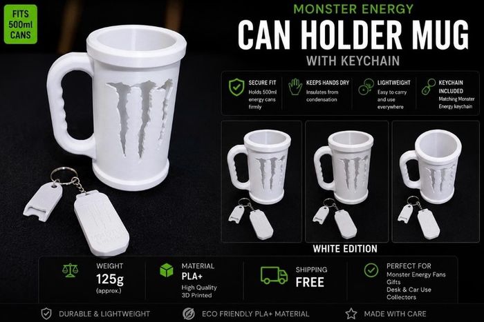 Monster Energy Can Holder Mug with Keychain | Gamer Desk Accessory