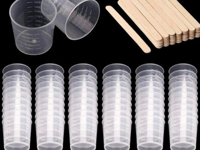 NEW 60 Pack 30ml Plastic Mixing Cup Measuring Cups Graduated Cups with 50 Pack Wooden Stirring Sticks Plastic Mixing Kit for Mixing Resin Paint Stain