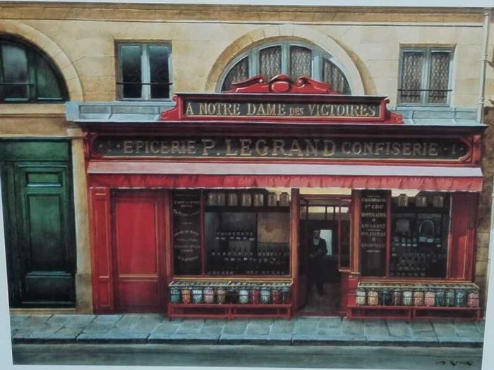 Framed Picture - "P.Legrand Confiserie" With Deep Red Colour & Wide Wood Surround