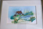 Framed small picture of Cottage , Stitch Patterns - hand coloured Format Needlework Embroidery Crafts.