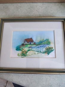 Framed small picture of Cottage , Stitch Patterns - hand coloured Format Needlework Embroidery Crafts.