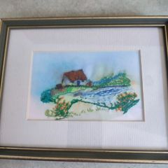 Framed small picture of Cottage , Stitch Patterns - hand coloured Format Needlework Embroidery Crafts.