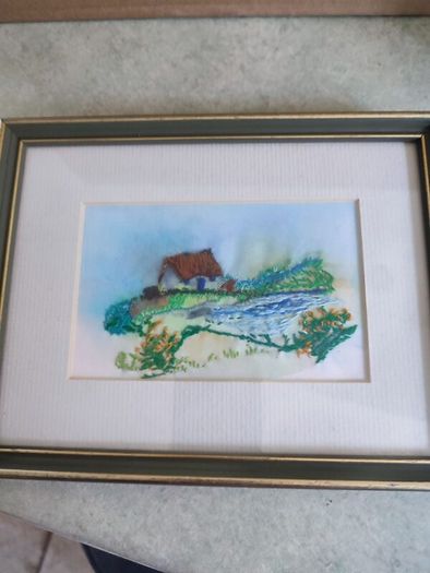 Framed small picture of Cottage , Stitch Patterns - hand coloured Format Needlework Embroidery Crafts.