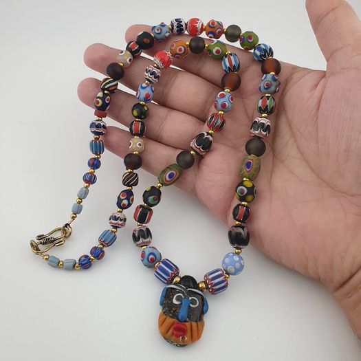 Antique Venetian Style MulitColor Mix Glass & Old Face Glass Pendant Necklace
