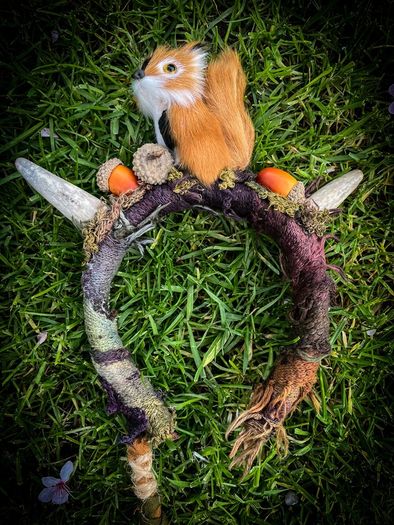 Fantasy Antler Squirrel Headband Costume Cosplay Larp Acorns Dreadwrap Extension Mystical Elf Forest Fairy