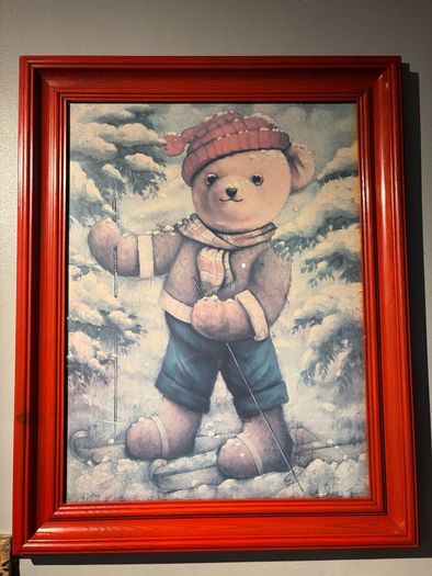 Teddy Bear  Print wearing a red hat in a red wooden frame