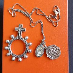Religious vintage medals on sterling silver chain and Italian pocket rosary beads