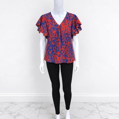Pre Owned Cobalt Blue & Orange Abstract Print Flutter Sleeve Top