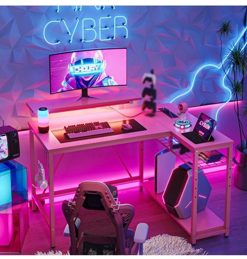 106.5CM L-Shaped Desk with Power Outlets & LED Lights