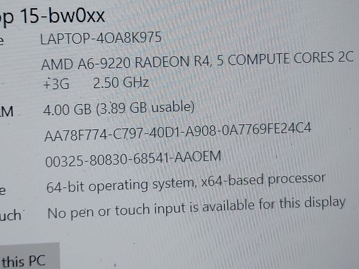 HP 15.6 inch Laptop, Model 15-bw059sa, AMD A6-9220 Radeon R4, 5 Compute Cores 2C plus 3G, 2.5GHz, 4GB Ram, 1 Terrabyte HDD, Windows 10, Microsoft Edge, Chrome, and VLC