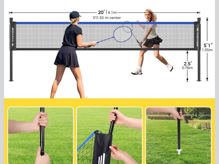 Outdoor Badminton Net Set with Anti-Sag Winch System - Official Size 6.1x1.55m, 4 Rackets, 3 Badminton Balls, Durable PE Net and Carrying Bag for Backyard, Beach and Family Games
