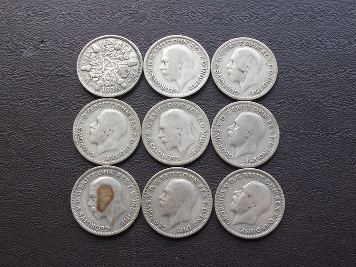 Great Britain. George V. 9 Silver@6 pence Run of the years (1928-1936)