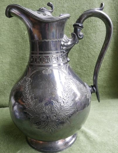 Antique Lidded Jug, Antique Silver Plate, Engraved Foliate and Scroll Designs Jug.