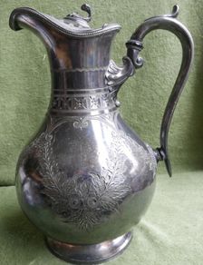 Antique Lidded Jug, Antique Silver Plate, Engraved Foliate and Scroll Designs Jug.