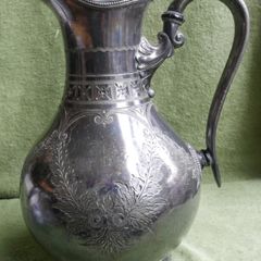 Antique Lidded Jug, Antique Silver Plate, Engraved Foliate and Scroll Designs Jug.