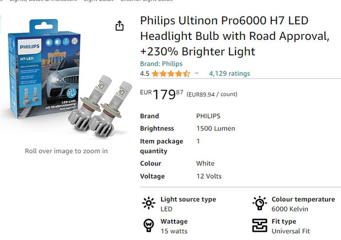 Philips Ultinon 12V Pro6000 H7 LED Headlight Bulb with Road Approval, +230% Brighter Light