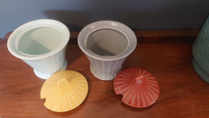 Fabulous Pair of Vintage Art Deco Style Mid Century SylvaC Lidded Preserves Pots Shape Number 2172, in Fabulous 50s Colourways, Priced at E30 Each, or E55 for the Pair