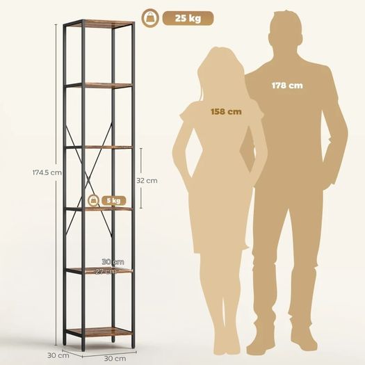 2-Pack 6-Tier Bookshelf, Steel Frame, for Living Room, Office, Bedroom, Rustic Brown