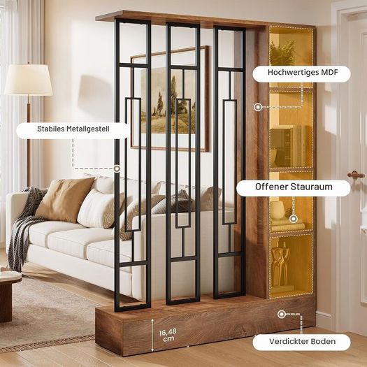 120cm Modern Wood & Metal Room Divider with Shelves, Freestanding Privacy Screen, Brown & Black, for Living Room, Office & Entryway