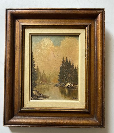 Pair of Vintage Mid-Century Mountain Landscape Oil Paintings, Signed "Nick", Framed