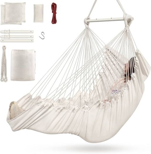 NEW SALE | Hammock Chair Hanging Swing 2 Seat Cushions Included,Strong Webbing Straps and Hooks for Easy Hanging Soft Cotton Weave Hanging Chair Side Pocket Large Tassel Chair Set Comfort Indoor Outdoor