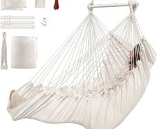 NEW SALE | Hammock Chair Hanging Swing 2 Seat Cushions Included,Strong Webbing Straps and Hooks for Easy Hanging Soft Cotton Weave Hanging Chair Side Pocket Large Tassel Chair Set Comfort Indoor Outdoor